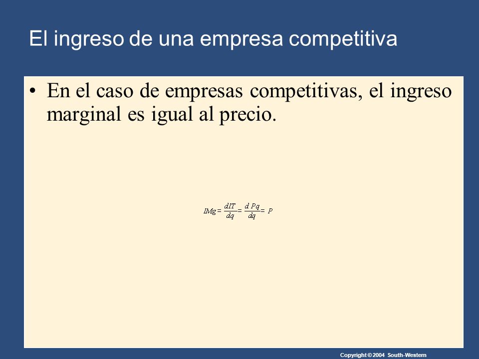 Copyright © 2004 South-Western En el caso de empresas competitivas, el ingreso marginal es igual al precio.