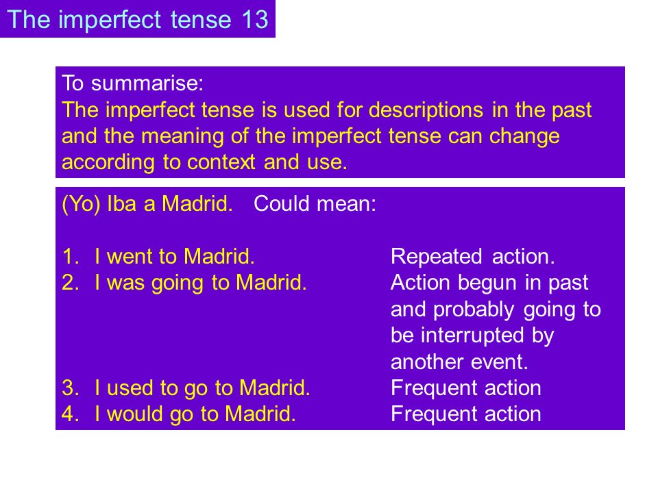 To summarise: The imperfect tense is used for descriptions in the past and the meaning of the imperfect tense can change according to context and use.
