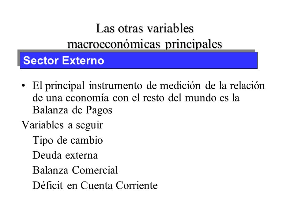 Las otras variables macroeconómicas principales Precio en el periodo de tiempo 4) IPC = x 100 Precio base (2000) 5) 1998 IPC = 163 (2000= 100) Pasos para calcular el IPC