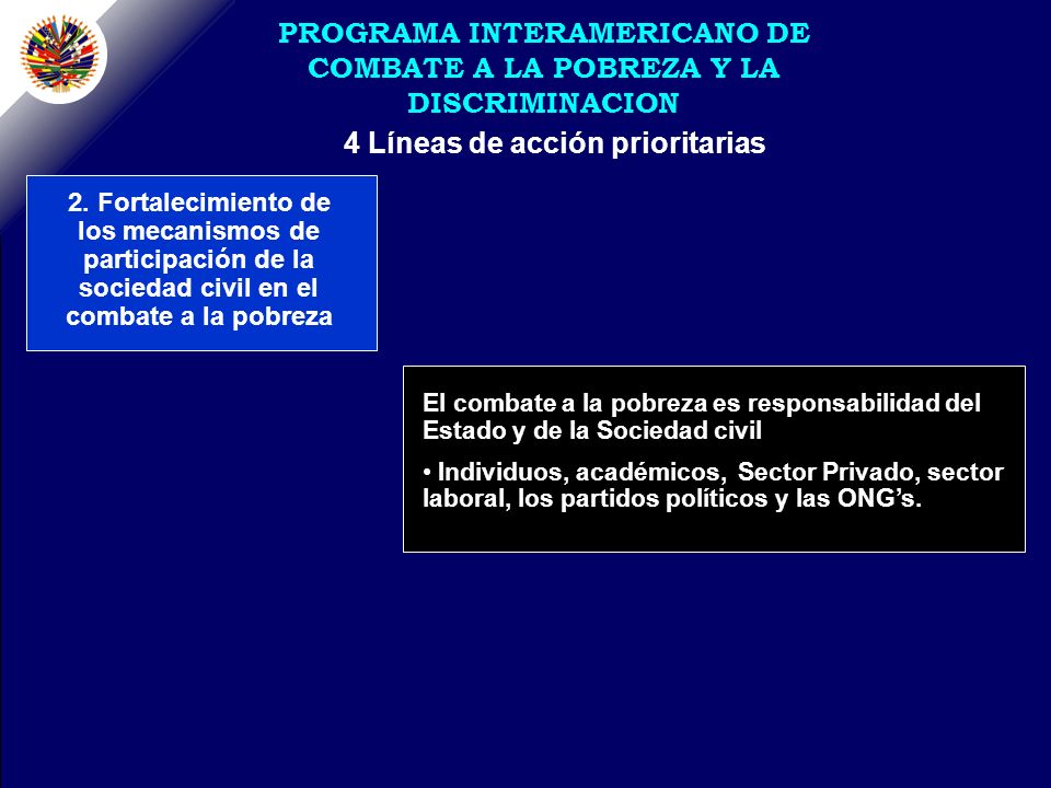4 Líneas de acción prioritarias PROGRAMA INTERAMERICANO DE COMBATE A LA POBREZA Y LA DISCRIMINACION 2.