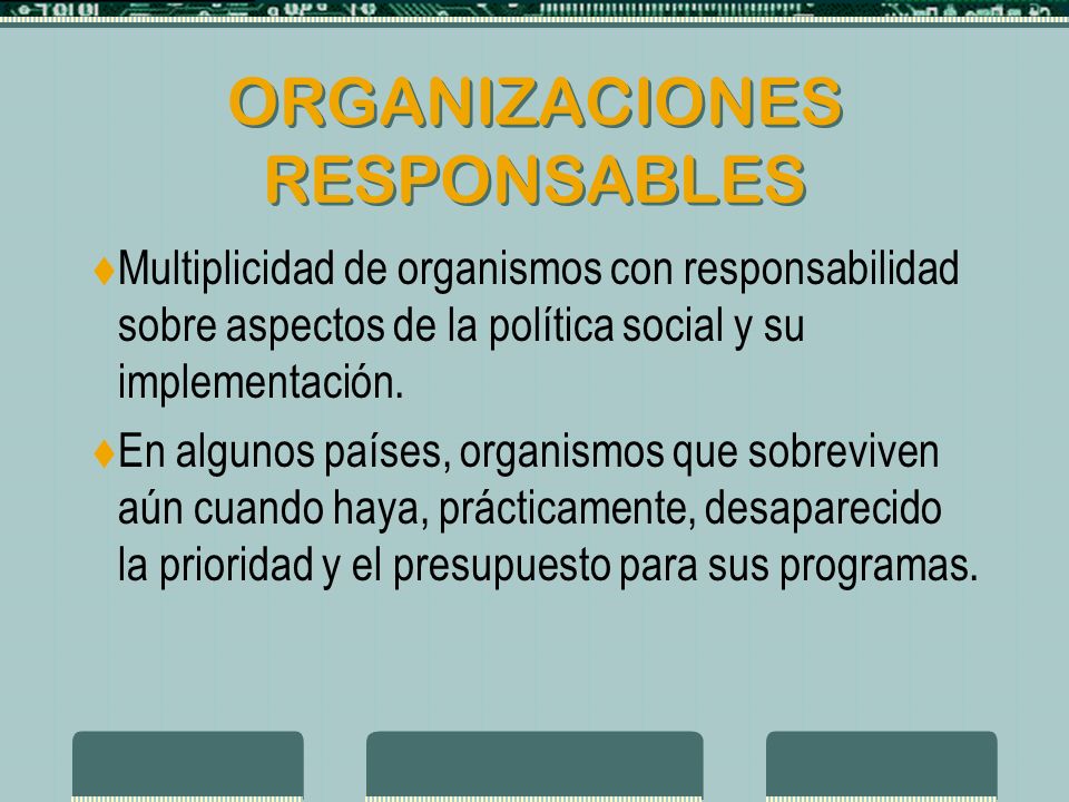 ORGANIZACIONES RESPONSABLES Multiplicidad de organismos con responsabilidad sobre aspectos de la política social y su implementación.