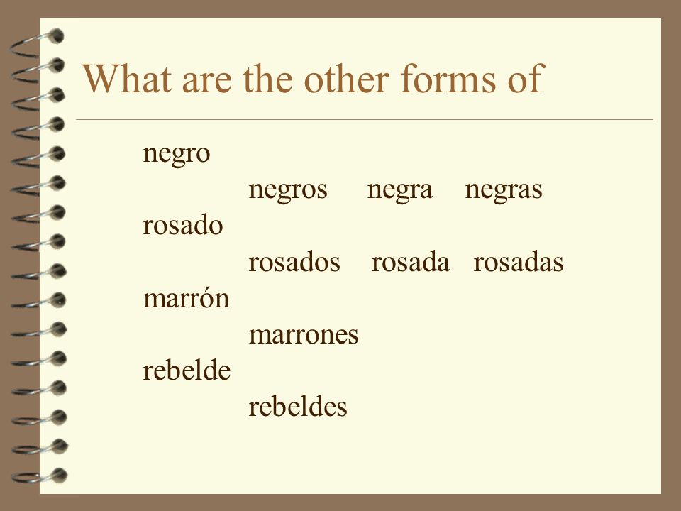 What are the other forms of negro negros negra negras rosado rosados rosada rosadas marrón marrones rebelde rebeldes