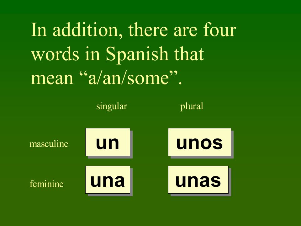 In addition, there are four words in Spanish that mean a/an/some.