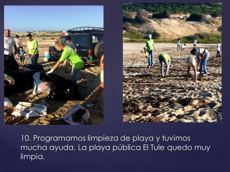 10. Programamos limpieza de playa y tuvimos mucha ayuda. La playa pública El Tule quedo muy limpia.