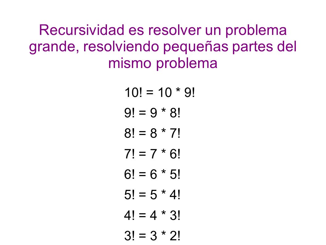 Recursividad es resolver un problema grande, resolviendo pequeñas partes del mismo problema 10.