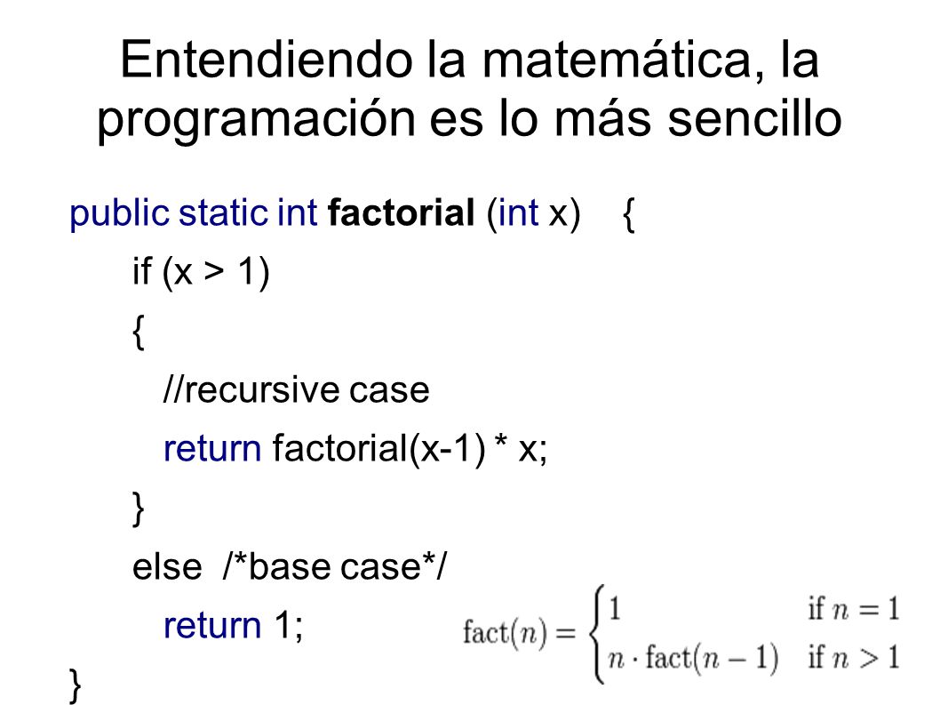 Entendiendo la matemática, la programación es lo más sencillo public static int factorial (int x) { if (x > 1) { //recursive case return factorial(x-1) * x; } else /*base case*/ return 1; }