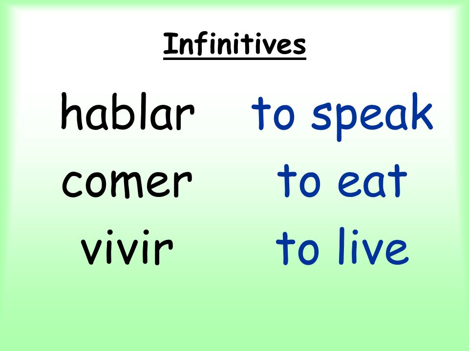 Infinitives hablar comer vivir to speak to eat to live