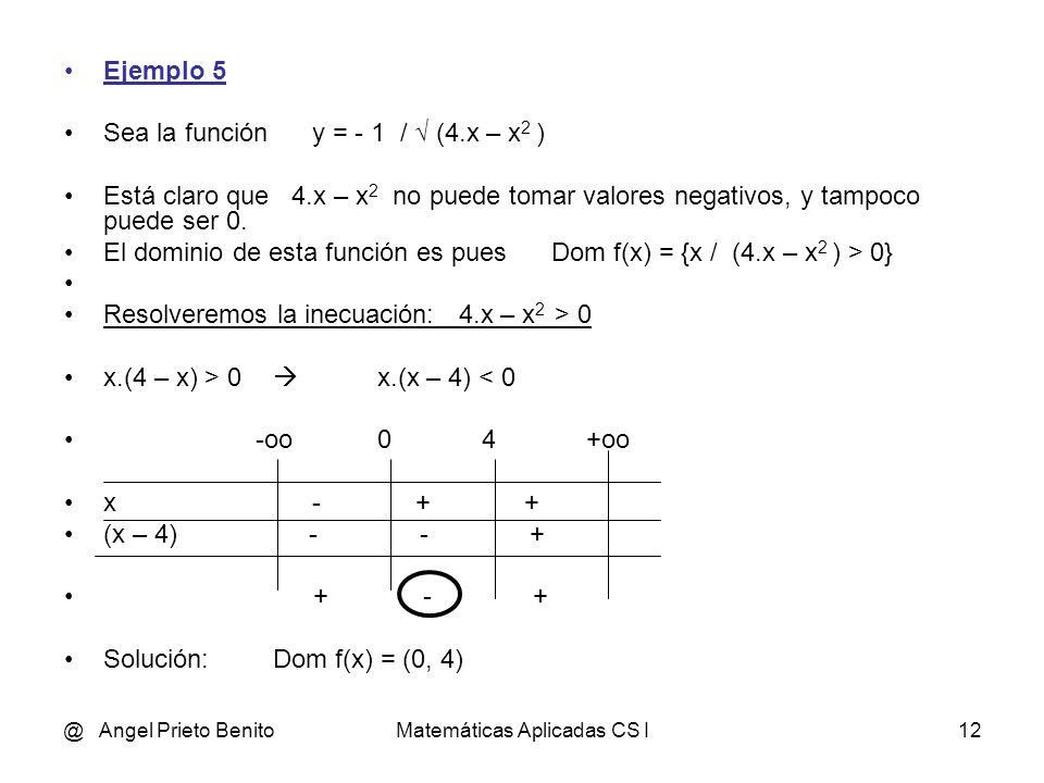 @ Angel Prieto BenitoMatemáticas Aplicadas CS I11 Ejemplo 3: Sea la función y = √ (4 - x 2 ) Para que y pueda tomar valores reales ( números reales), está claro que x 2 debe ser menor o igual que 4, o sea |x| ≤ 2.