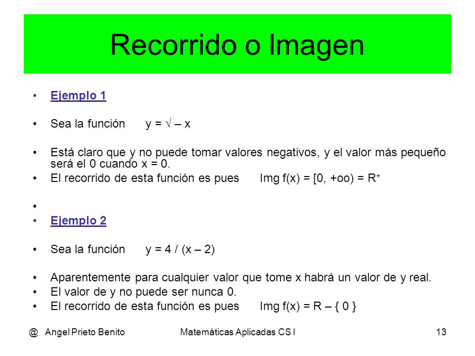 @ Angel Prieto BenitoMatemáticas Aplicadas CS I12 Ejemplo 5 Sea la función y = - 1 / √ (4.x – x 2 ) Está claro que 4.x – x 2 no puede tomar valores negativos, y tampoco puede ser 0.