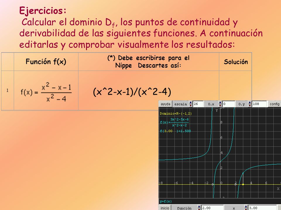 Ejercicios: Calcular el dominio D f, los puntos de continuidad y derivabilidad de las siguientes funciones.
