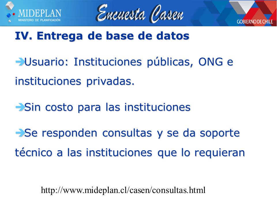IV. Entrega de base de datos  Usuario: Instituciones públicas, ONG e instituciones privadas.