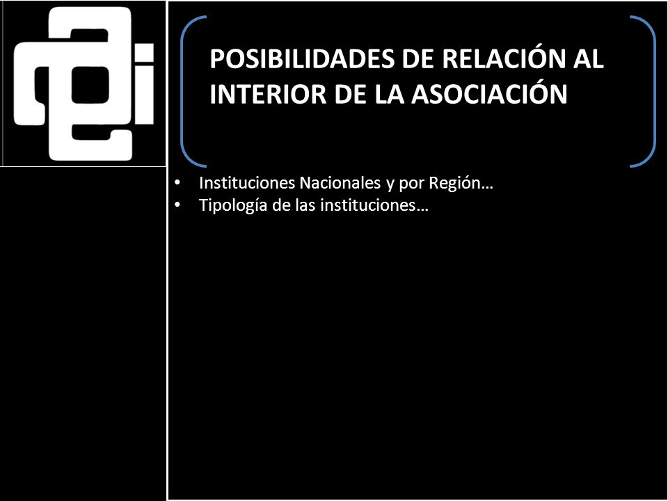 Instituciones Nacionales y por Región… Tipología de las instituciones… POSIBILIDADES DE RELACIÓN AL INTERIOR DE LA ASOCIACIÓN