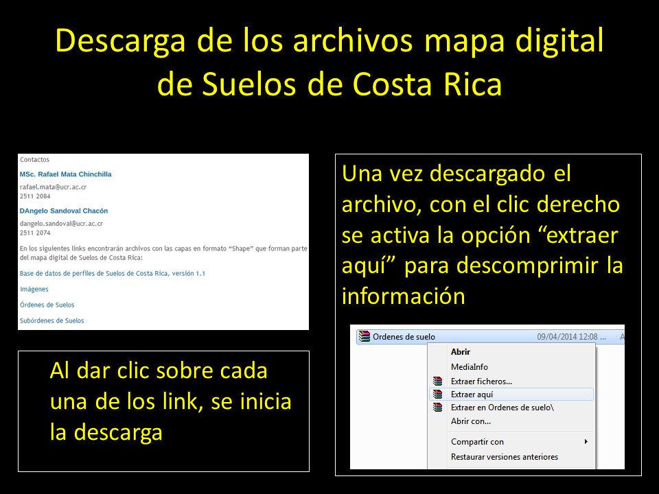 Descarga de los archivos mapa digital de Suelos de Costa Rica Al dar clic sobre cada una de los link, se inicia la descarga Una vez descargado el archivo, con el clic derecho se activa la opción extraer aquí para descomprimir la información