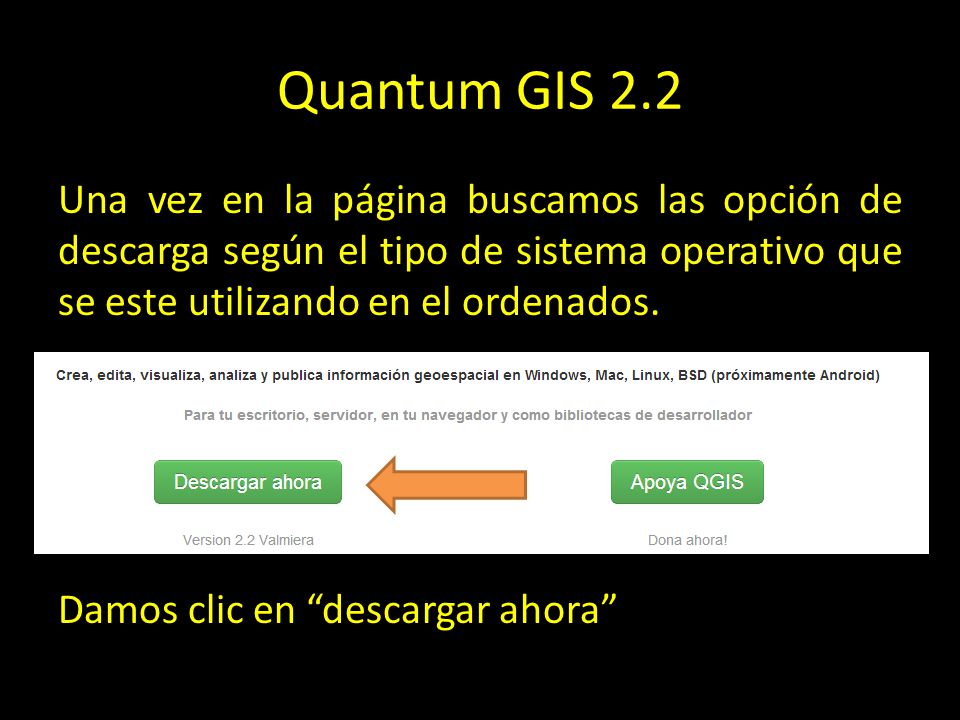 Quantum GIS 2.2 Una vez en la página buscamos las opción de descarga según el tipo de sistema operativo que se este utilizando en el ordenados.