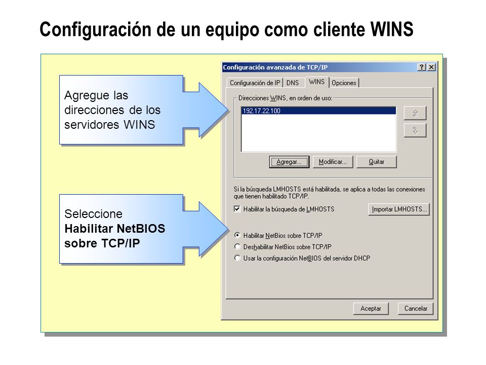 Configuración de un equipo como cliente WINS Agregue las direcciones de los servidores WINS Seleccione Habilitar NetBIOS sobre TCP/IP