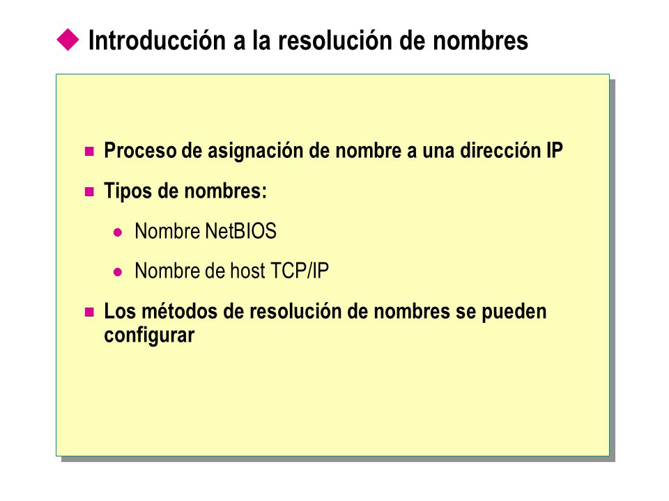  Introducción a la resolución de nombres Proceso de asignación de nombre a una dirección IP Tipos de nombres: Nombre NetBIOS Nombre de host TCP/IP Los métodos de resolución de nombres se pueden configurar