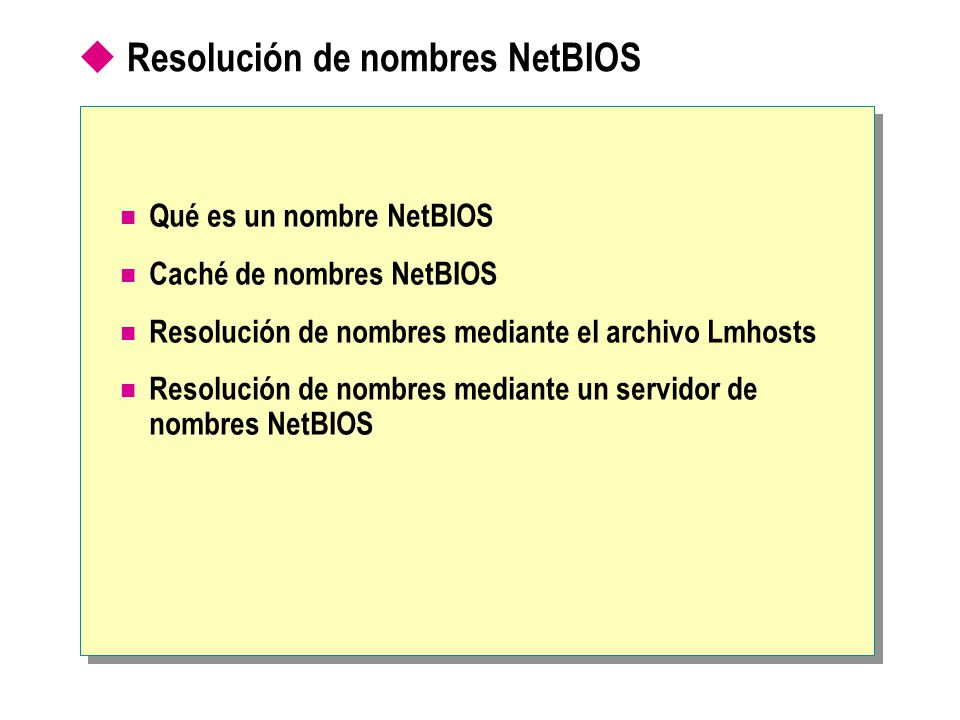  Resolución de nombres NetBIOS Qué es un nombre NetBIOS Caché de nombres NetBIOS Resolución de nombres mediante el archivo Lmhosts Resolución de nombres mediante un servidor de nombres NetBIOS