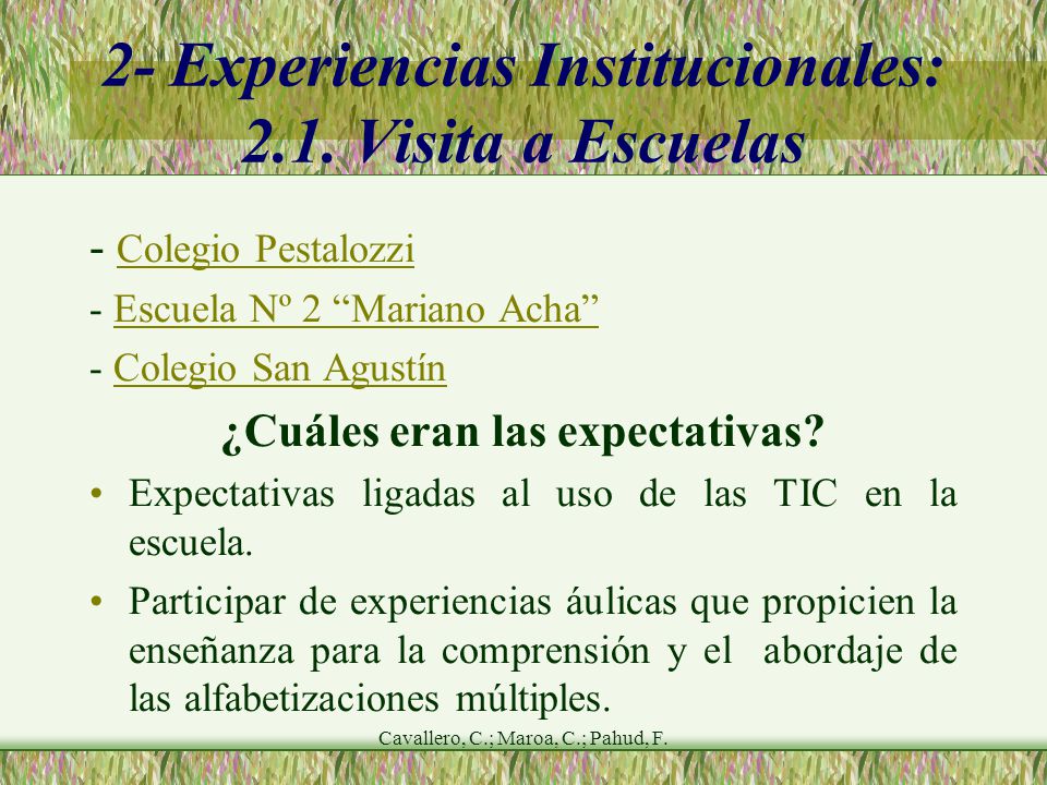 Cavallero, C.; Maroa, C.; Pahud, F. 2- Experiencias Institucionales: 2.1.