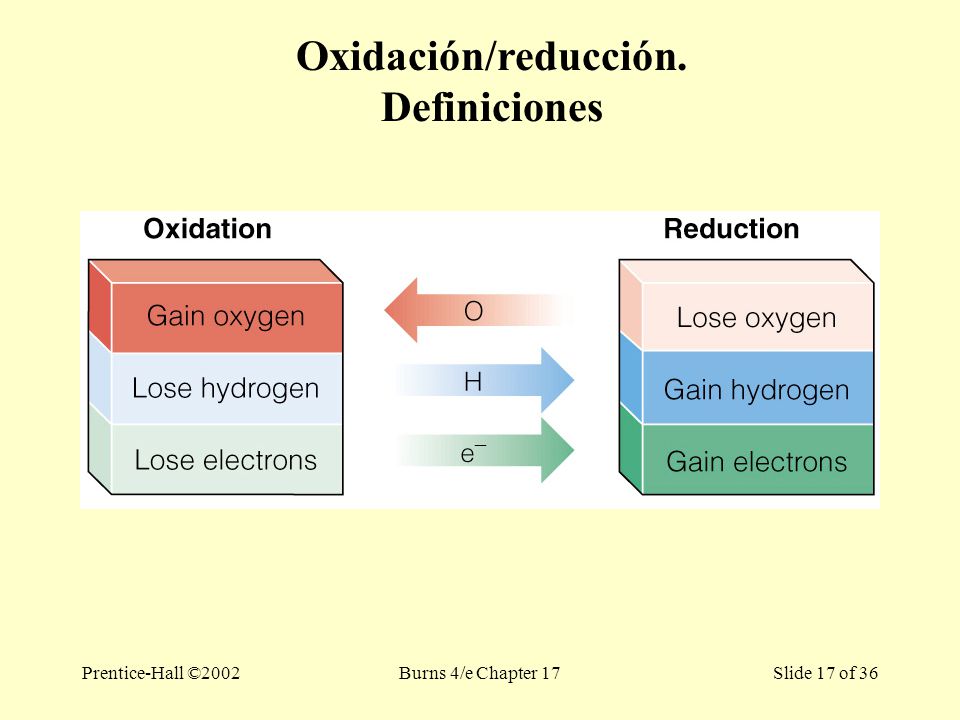 Prentice-Hall ©2002Burns 4/e Chapter 17 Slide 17 of 36 Insert figure 17.5 Oxidación/reducción.