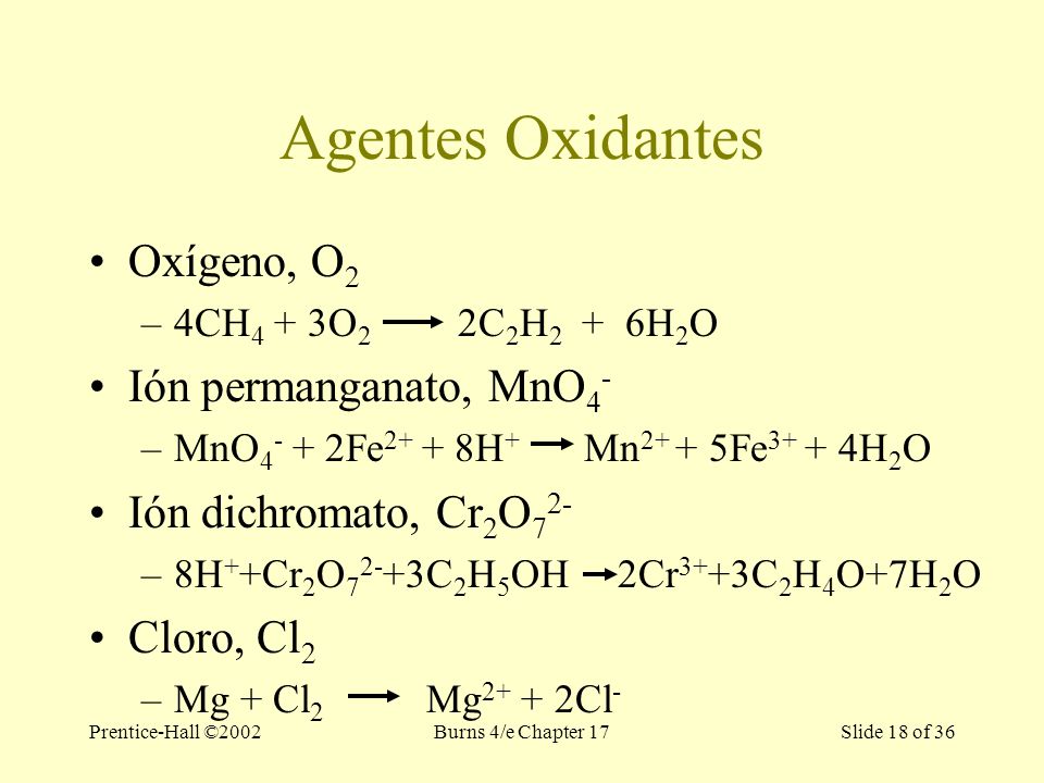 Prentice-Hall ©2002Burns 4/e Chapter 17 Slide 18 of 36 Agentes Oxidantes Oxígeno, O 2 –4CH 4 + 3O 2 2C 2 H 2 + 6H 2 O Ión permanganato, MnO 4 - –MnO Fe H + Mn Fe H 2 O Ión dichromato, Cr 2 O 7 2- –8H + +Cr 2 O C 2 H 5 OH 2Cr 3+ +3C 2 H 4 O+7H 2 O Cloro, Cl 2 –Mg + Cl 2 Mg Cl -