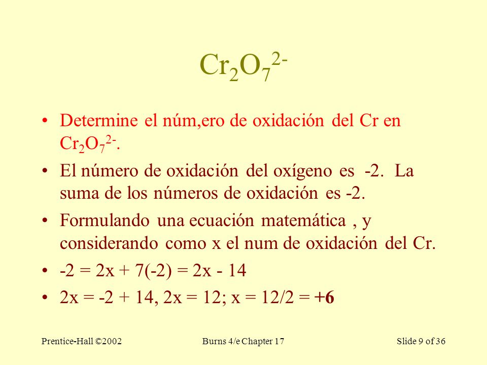 Prentice-Hall ©2002Burns 4/e Chapter 17 Slide 9 of 36 Cr 2 O 7 2- Determine el núm,ero de oxidación del Cr en Cr 2 O 7 2-.
