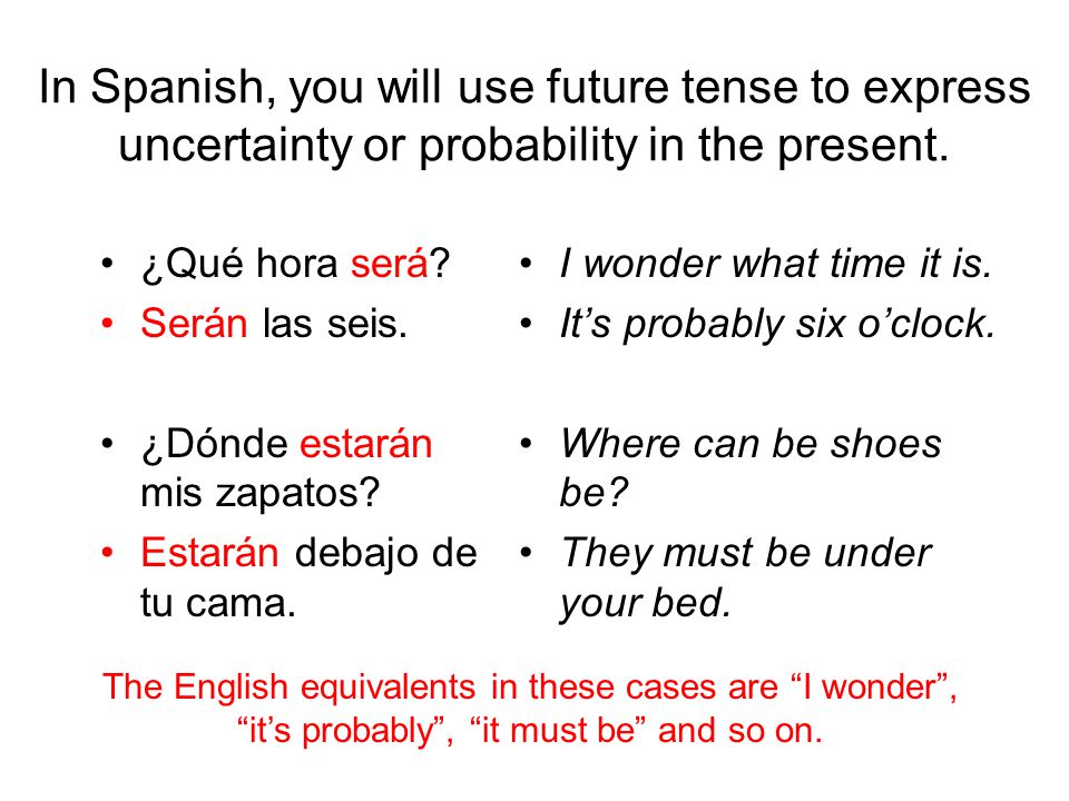 In Spanish, you will use future tense to express uncertainty or probability in the present.