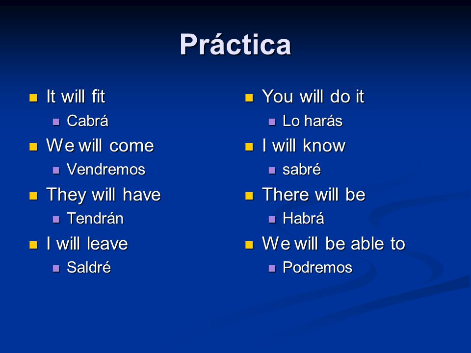 Práctica It will fit It will fit Cabrá Cabrá We will come We will come Vendremos Vendremos They will have They will have Tendrán Tendrán I will leave I will leave Saldré Saldré You will do it Lo harás I will know sabré There will be Habrá We will be able to Podremos