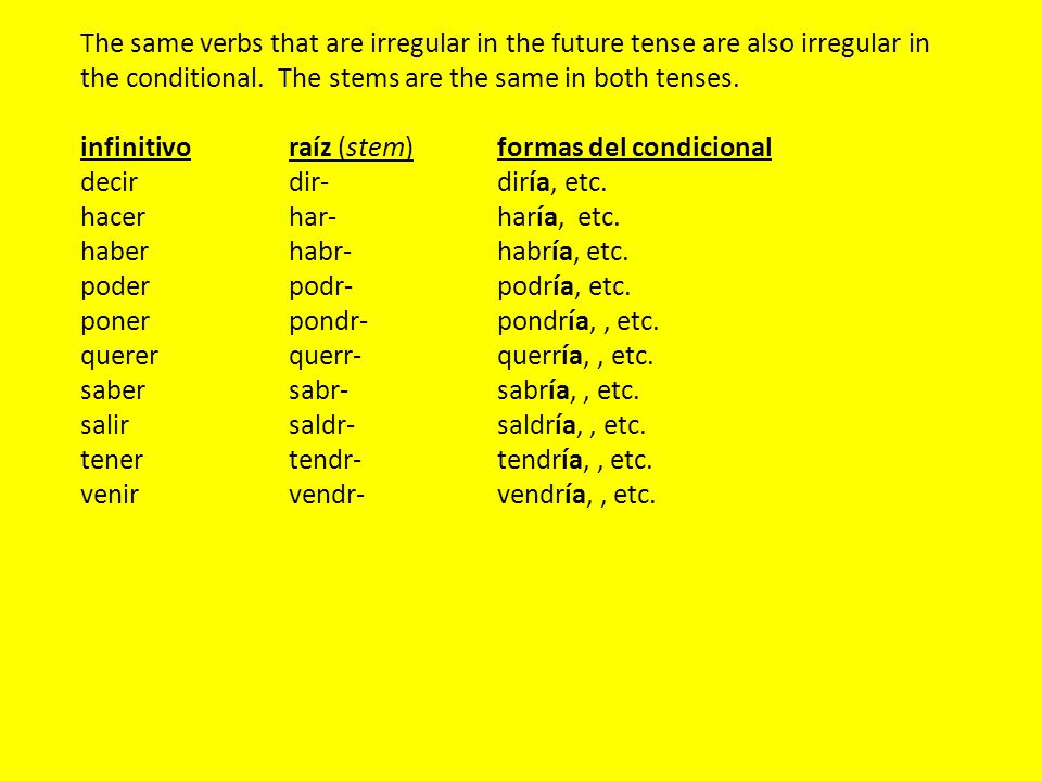 The same verbs that are irregular in the future tense are also irregular in the conditional.