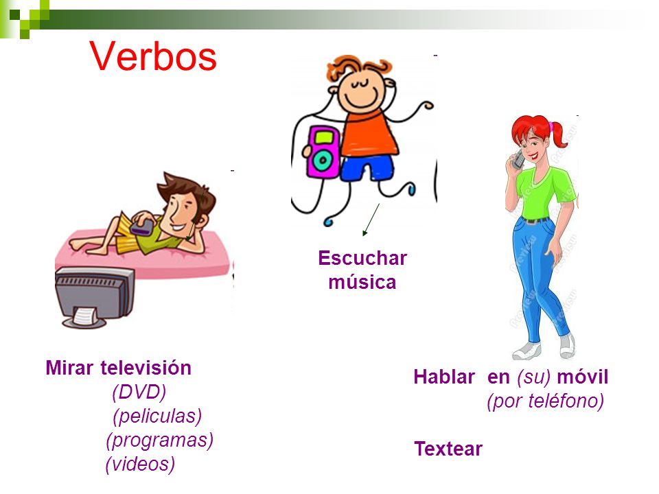 Verbos Mirar televisión (DVD) (peliculas) (programas) (videos) Escuchar música Hablar en (su) móvil (por teléfono) Textear