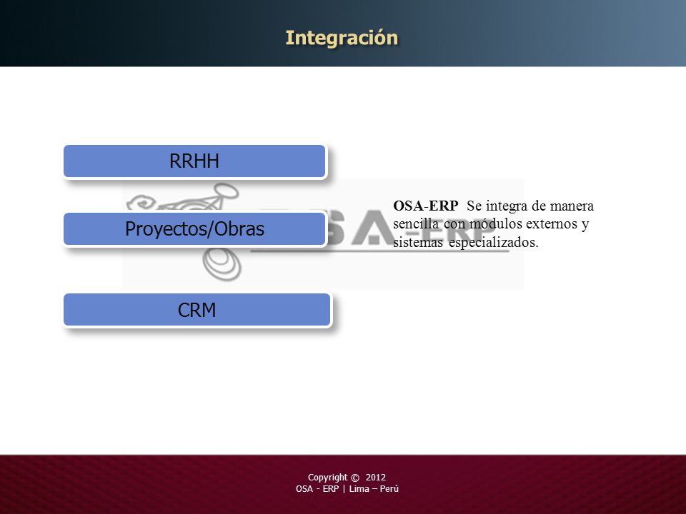RRHH CRM Proyectos/Obras OSA-ERP Se integra de manera sencilla con módulos externos y sistemas especializados.