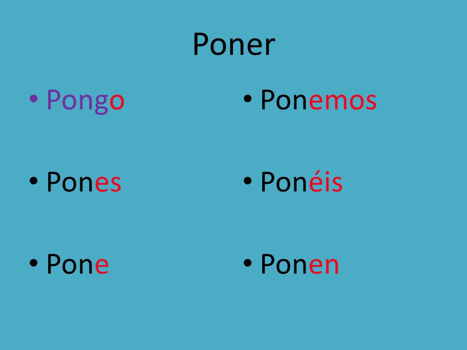 Poner Pongo Pones Pone Ponemos Ponéis Ponen