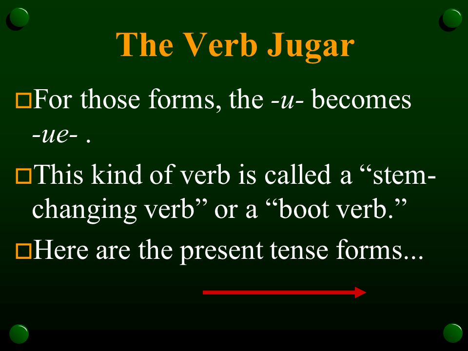 The Verb Jugar o In Spanish, the verb jugar is used to talk about playing a sport or a game.