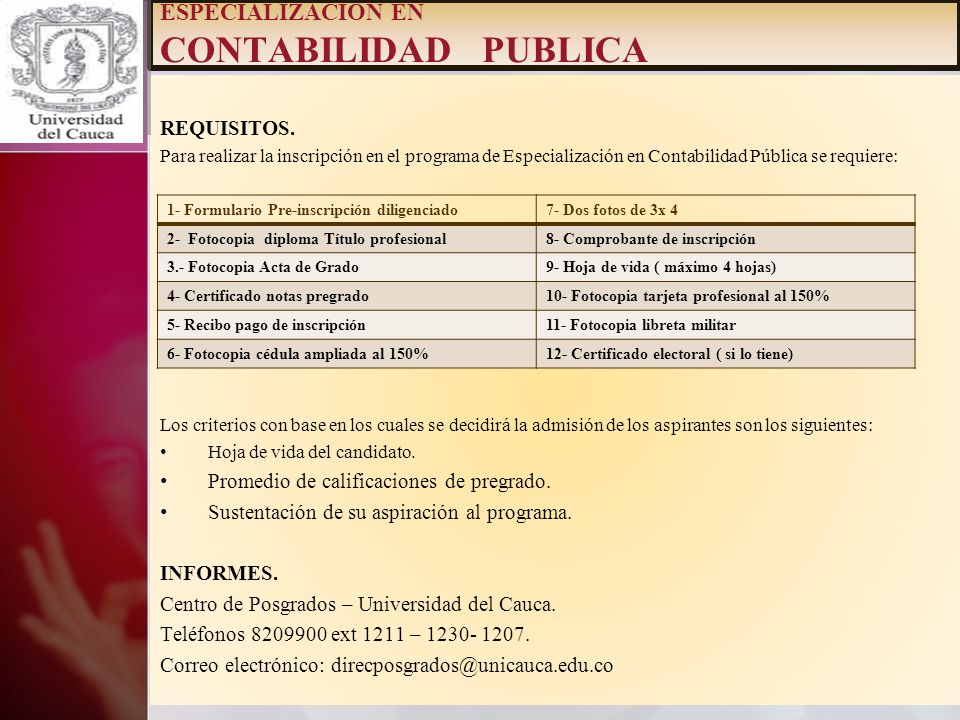 ESPECIALIZACION EN CONTABILIDAD PUBLICA REQUISITOS.