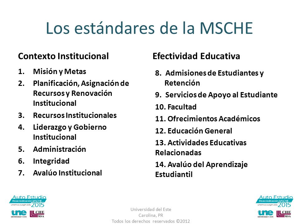 Los estándares de la MSCHE Contexto InstitucionalEfectividad Educativa 8.