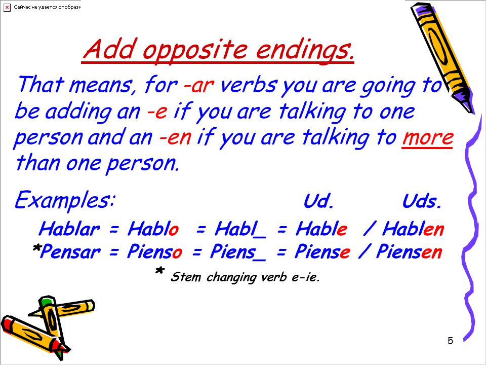 4 Examples: Hablar = Hablo = Habl__ Comer = Como = Com__ Vivir = Vivo = Viv__ Tener = Tengo = Teng__ Drop the O