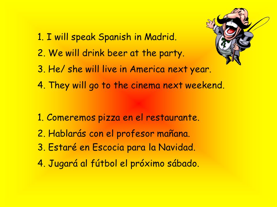 Ahora te toca a ti. (Regular verbs) Traduce en inglés: 1.Hablaré español en Madrid.