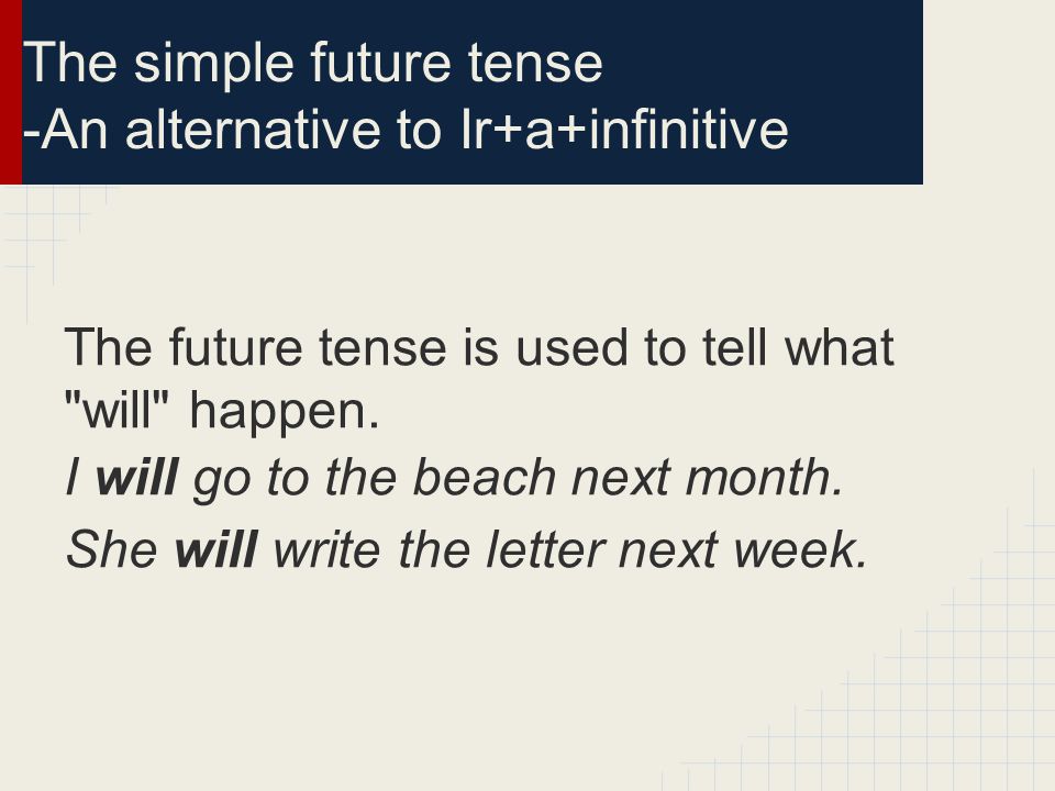 The simple future tense -An alternative to Ir+a+infinitive The future tense is used to tell what will happen.