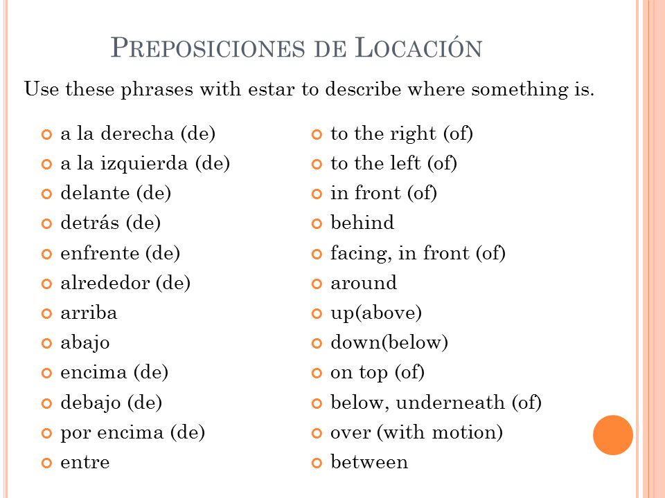 P REPOSICIONES DE L OCACIÓN a la derecha (de) a la izquierda (de) delante (de) detrás (de) enfrente (de) alrededor (de) arriba abajo encima (de) debajo (de) por encima (de) entre to the right (of) to the left (of) in front (of) behind facing, in front (of) around up(above) down(below) on top (of) below, underneath (of) over (with motion) between Use these phrases with estar to describe where something is.