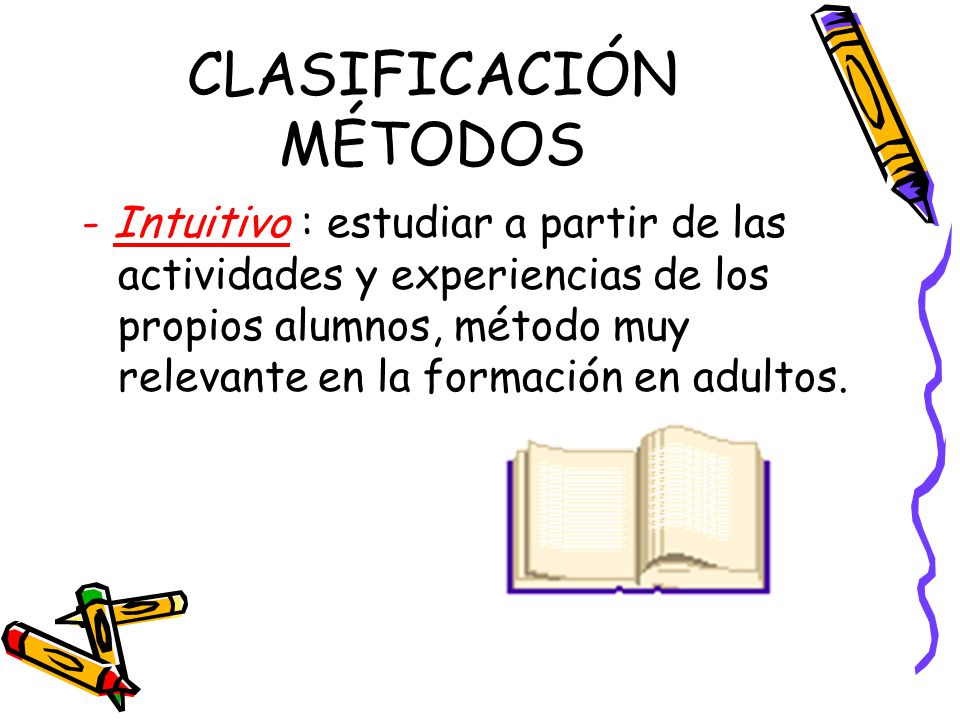 CLASIFICACIÓN MÉTODOS - Intuitivo : estudiar a partir de las actividades y experiencias de los propios alumnos, método muy relevante en la formación en adultos.