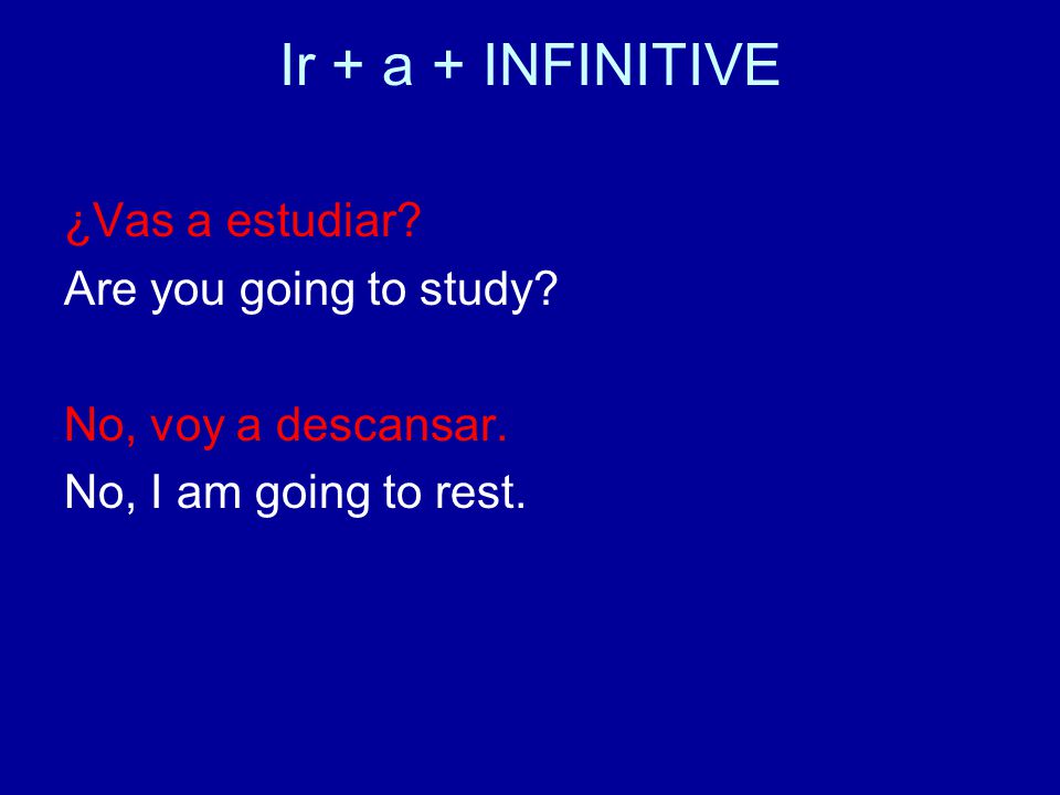 Ir + a + INFINITIVE ¿Vas a estudiar. Are you going to study.