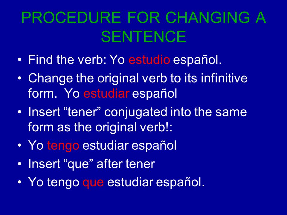 PROCEDURE FOR CHANGING A SENTENCE Find the verb: Yo estudio español.