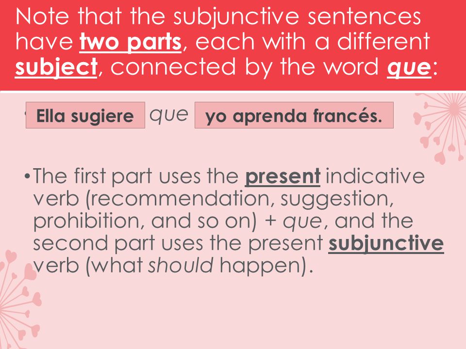 Note that the subjunctive sentences have two parts, each with a different subject, connected by the word que : Ella sugiere que The first part uses the present indicative verb (recommendation, suggestion, prohibition, and so on) + que, and the second part uses the present subjunctive verb (what should happen).