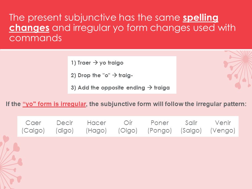 The present subjunctive has the same spelling changes and irregular yo form changes used with commands 1) Traer  yo traigo 2) Drop the o  traig- 3) Add the opposite ending  traiga Caer (Caigo) Decir (digo) Hacer (Hago) Oír (Oigo) Poner (Pongo) Salir (Salgo) Venir (Vengo) If the yo form is irregular, the subjunctive form will follow the irregular pattern: yo form is irregular