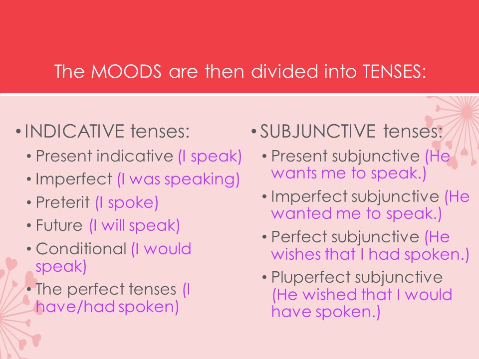 The MOODS are then divided into TENSES: INDICATIVE tenses: Present indicative (I speak) Imperfect (I was speaking) Preterit (I spoke) Future (I will speak) Conditional (I would speak) The perfect tenses (I have/had spoken) SUBJUNCTIVE tenses: Present subjunctive (He wants me to speak.) Imperfect subjunctive (He wanted me to speak.) Perfect subjunctive (He wishes that I had spoken.) Pluperfect subjunctive (He wished that I would have spoken.)