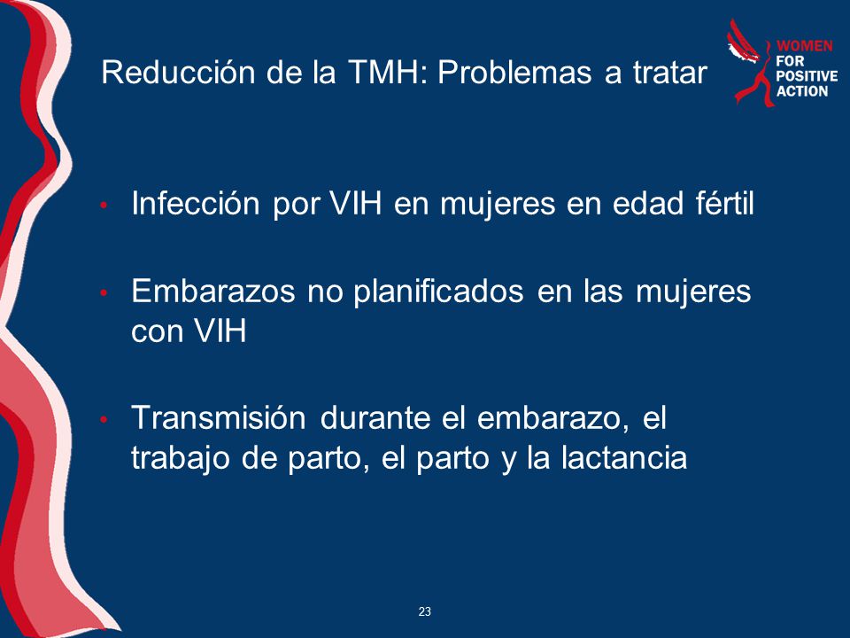 Reducción de la TMH: Problemas a tratar Infección por VIH en mujeres en edad fértil Embarazos no planificados en las mujeres con VIH Transmisión durante el embarazo, el trabajo de parto, el parto y la lactancia 23