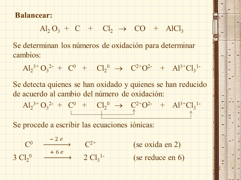 22 Balancear: Al 2 O 3 + C + Cl 2  CO + AlCl 3 Se determinan los números de oxidación para determinar cambios: Al 2 3+ O C 0 + Cl 2 0  C 2+ O 2- + Al 3+ Cl 3 1- Se detecta quienes se han oxidado y quienes se han reducido de acuerdo al cambio del número de oxidación: Al 2 3+ O C 0 + Cl 2 0  C 2+ O 2- + Al 3+ Cl 3 1- Se procede a escribir las ecuaciones iónicas: