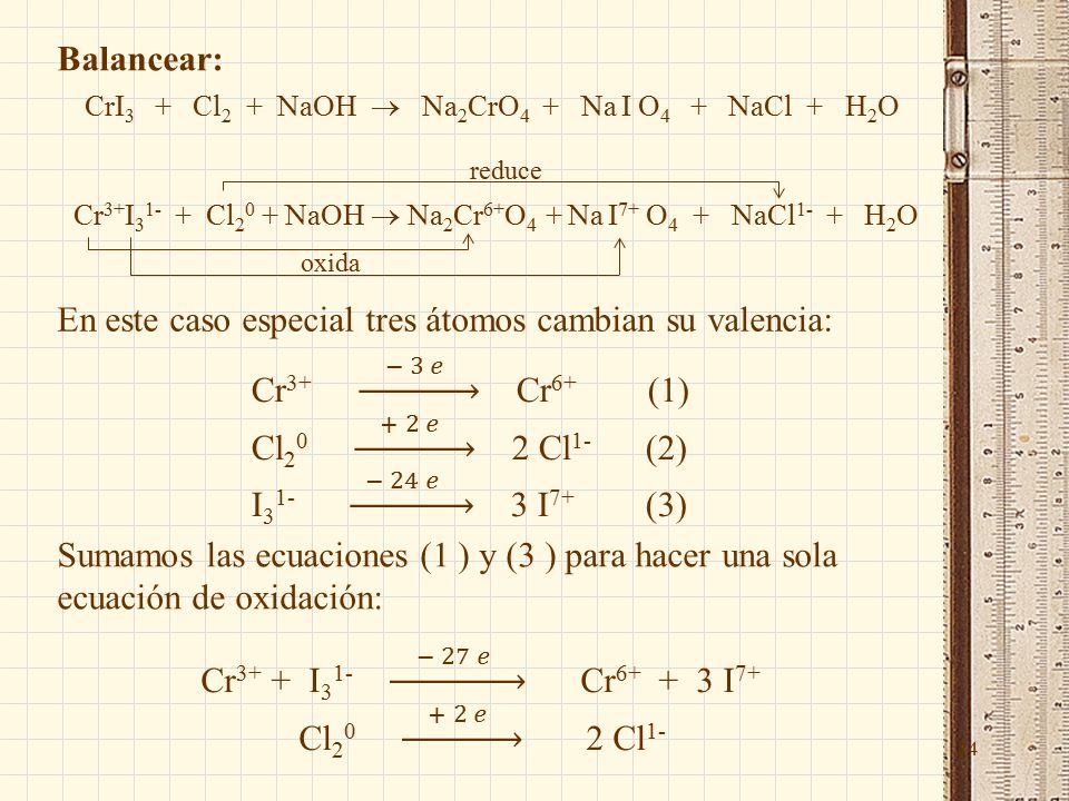 24 Balancear: CrI 3 + Cl 2 + NaOH  Na 2 CrO 4 + Na I O 4 + NaCl + H 2 O Cr 3+ I Cl NaOH  Na 2 Cr 6+ O 4 + Na I 7+ O 4 + NaCl 1- + H 2 O reduce oxida En este caso especial tres átomos cambian su valencia: Sumamos las ecuaciones (1 ) y (3 ) para hacer una sola ecuación de oxidación: