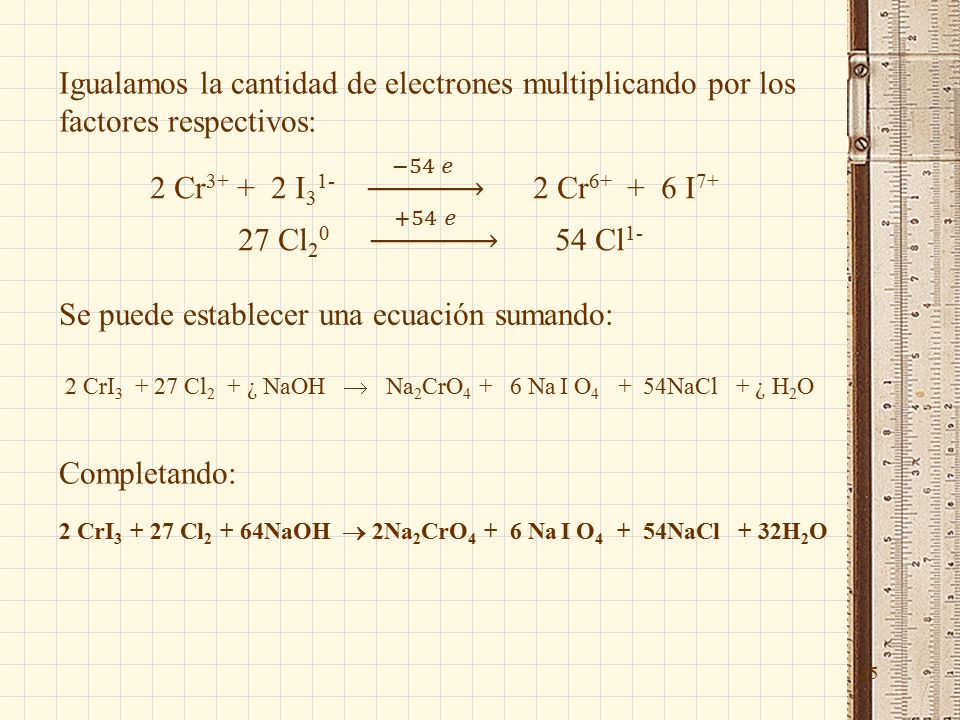 25 Igualamos la cantidad de electrones multiplicando por los factores respectivos: Se puede establecer una ecuación sumando: 2 CrI Cl 2 + ¿ NaOH  Na 2 CrO Na I O NaCl + ¿ H 2 O Completando: 2 CrI Cl NaOH  2Na 2 CrO Na I O NaCl + 32H 2 O