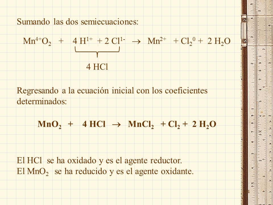 34 Mn 4+ O H Cl 1-  Mn 2+ + Cl H 2 O MnO HCl  MnCl 2 + Cl H 2 O El HCl se ha oxidado y es el agente reductor.