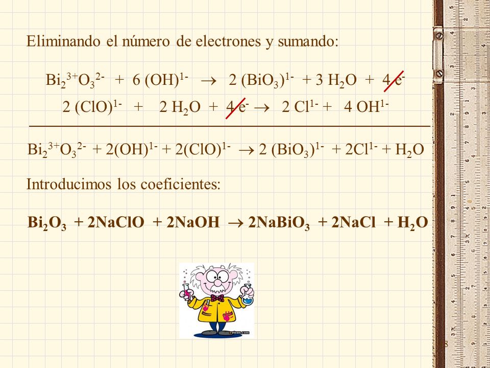 38 Bi 2 3+ O (OH) 1-  2 (BiO 3 ) H 2 O + 4 e - 2 (ClO) H 2 O + 4 e -  2 Cl OH 1- Bi 2 3+ O (OH) (ClO) 1-  2 (BiO 3 ) Cl 1- + H 2 O Introducimos los coeficientes: Bi 2 O 3 + 2NaClO + 2NaOH  2NaBiO 3 + 2NaCl + H 2 O Eliminando el número de electrones y sumando: